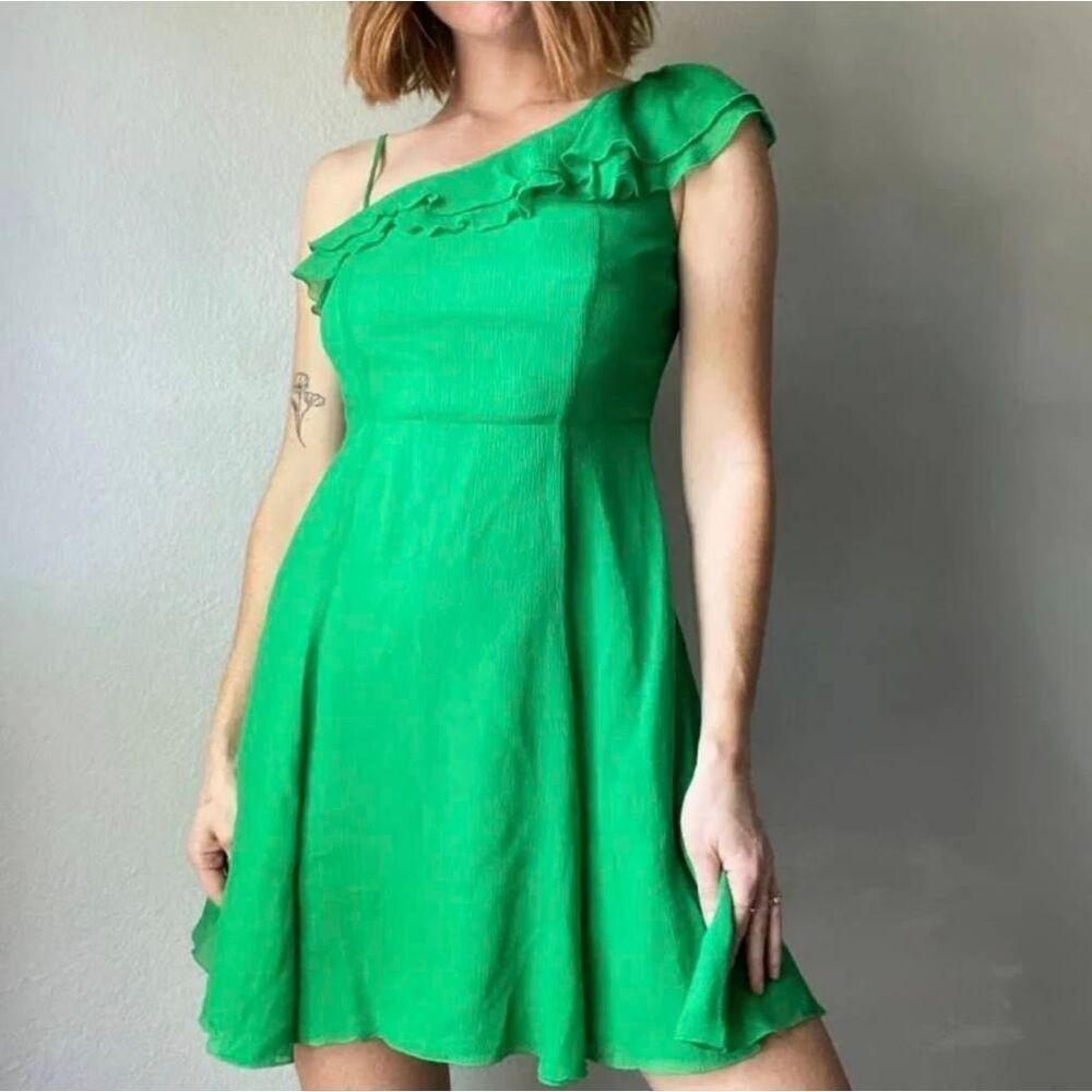 Armani Exchange Green Silk Ruffle Fit and Flare Mini Dress 2 Preppy Designer